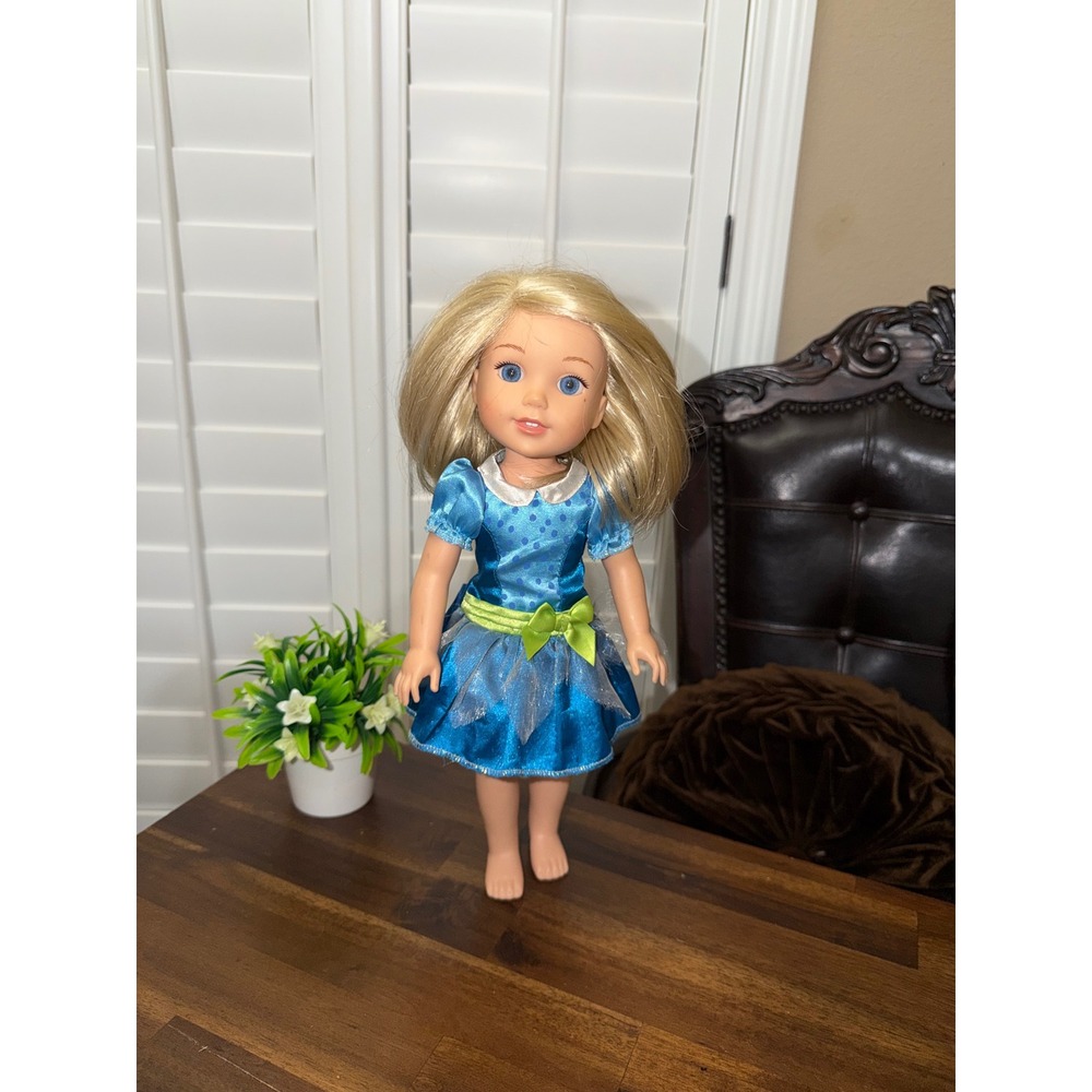 American Girl Wellie wishers Camille Doll 14.5" Blonde Hair Blue Eyes Blue Dress